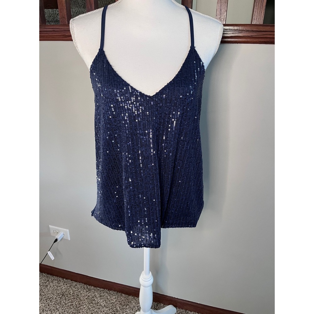 Venti6 LA Navy Blue Sequin Racerback Camisole Top V-Neck Made in Italy Medium